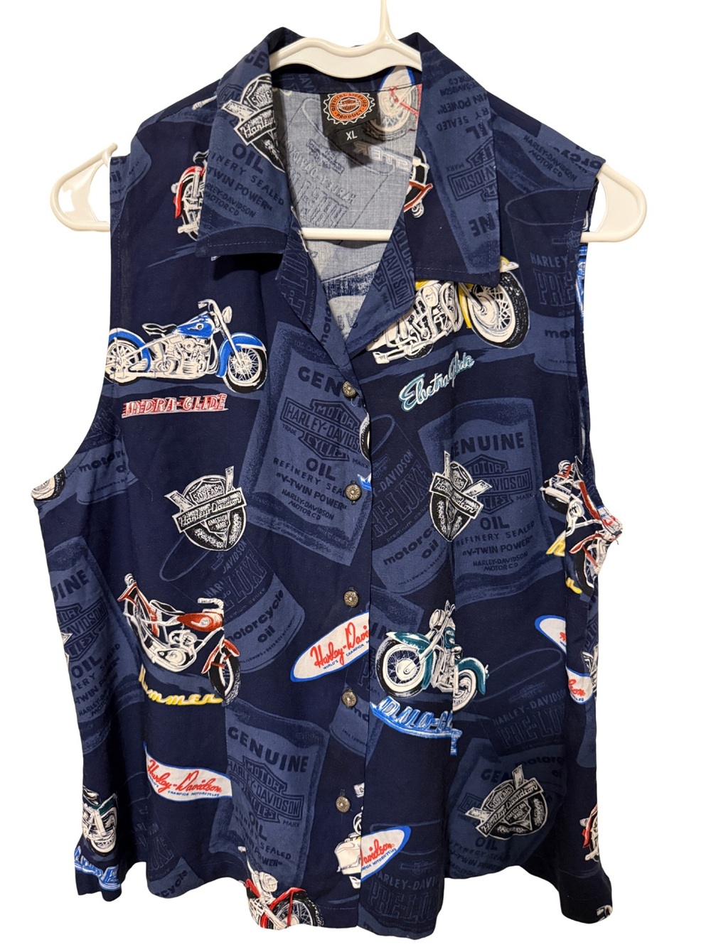 Harley-Davidson Biker Navy Sleeveless Button-Down Motorcycle Print Hawaiian